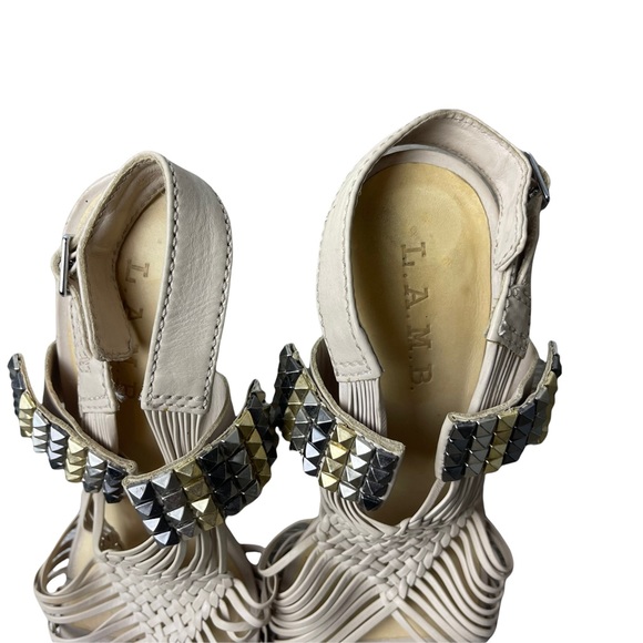 L.A.M.B 'Dakota' Cream Leather Strappy Woven Studded  Stiletto Sandal Heels 7.5M - Picture 6 of 12